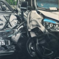 Bouračka - fotky z novin, airbrush a akryl na plátně, 125 x 185 cm, 2016